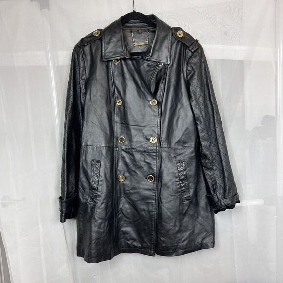 Iman black genuine leather jacket quilted gold button XL quiet luxury classic - Picture 3 of 10